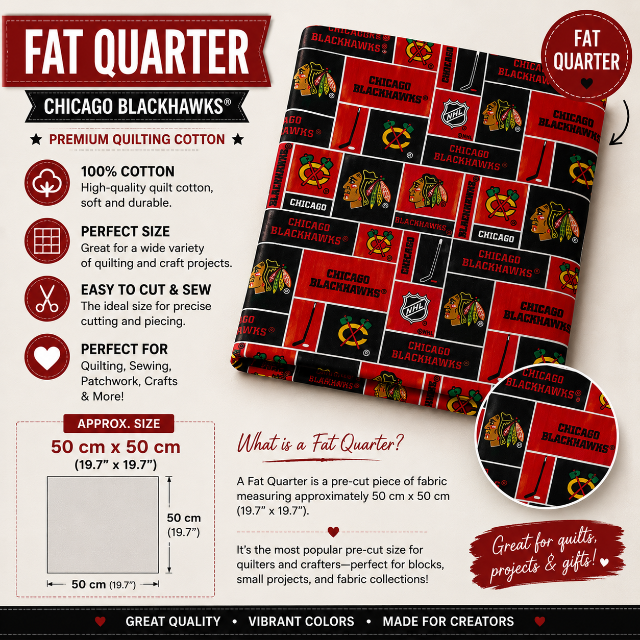 Chicago Blackhawks 100% cotton Fat Quarter fabric measuring 50 × 50 cm with red and black NHL-themed print.