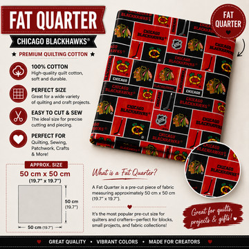 Chicago Blackhawks 100% cotton Fat Quarter fabric measuring 50 × 50 cm with red and black NHL-themed print.