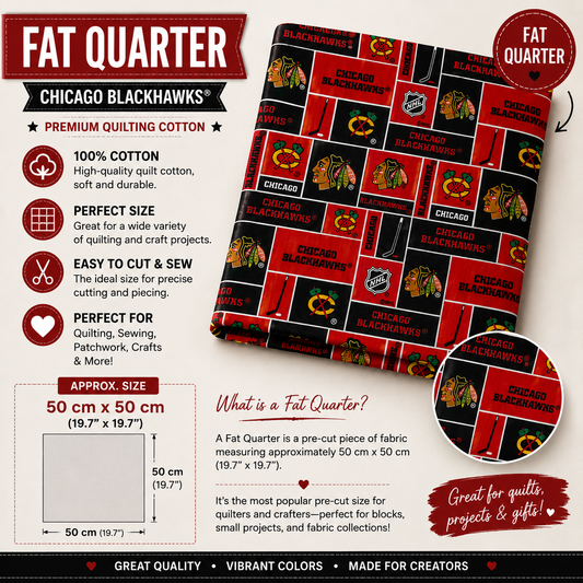 Chicago Blackhawks 100% cotton Fat Quarter fabric measuring 50 × 50 cm with red and black NHL-themed print.