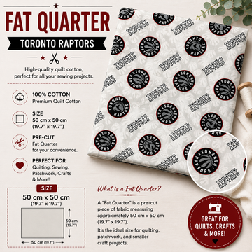 Toronto Raptors Fat Quarter made from 100% premium cotton, featuring the Toronto Raptors logo on a light grey background. Pre-cut fabric measuring 50 × 50 cm, perfect for quilting, sewing, patchwork, and crafts.