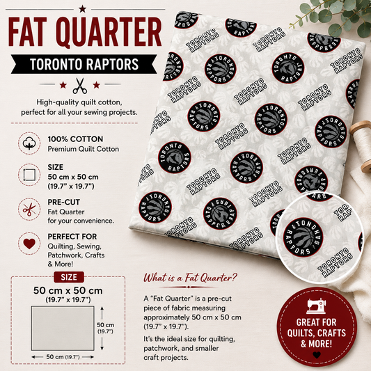 Toronto Raptors Fat Quarter made from 100% premium cotton, featuring the Toronto Raptors logo on a light grey background. Pre-cut fabric measuring 50 × 50 cm, perfect for quilting, sewing, patchwork, and crafts.