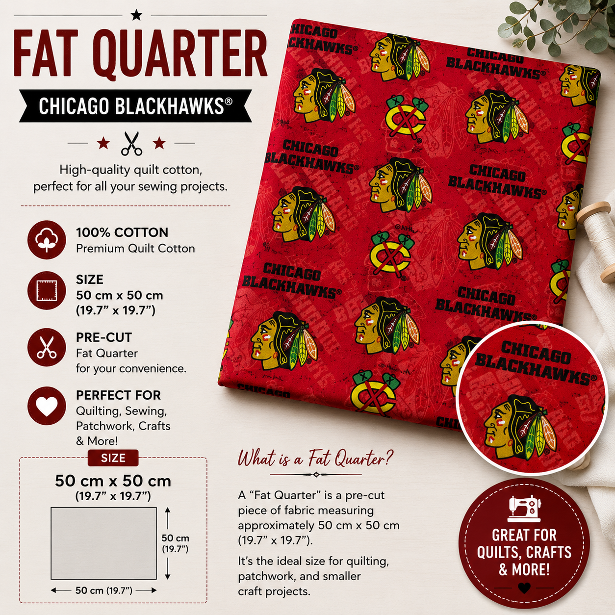 Chicago Blackhawks Fat Quarter made from 100% premium cotton, featuring the Chicago Blackhawks logo and team name on a red background. Pre-cut fabric measuring 50 × 50 cm, perfect for quilting, sewing, patchwork, and crafts.