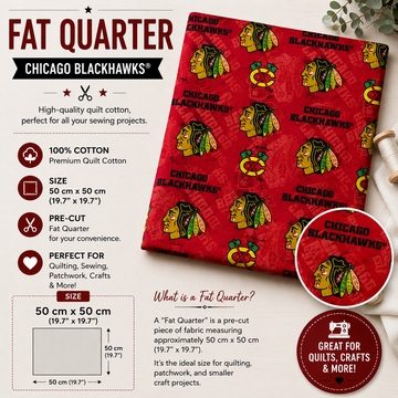 Chicago Blackhawks Fat Quarter made from 100% premium cotton, featuring the Chicago Blackhawks logo and team name on a red background. Pre-cut fabric measuring 50 × 50 cm, perfect for quilting, sewing, patchwork, and crafts.