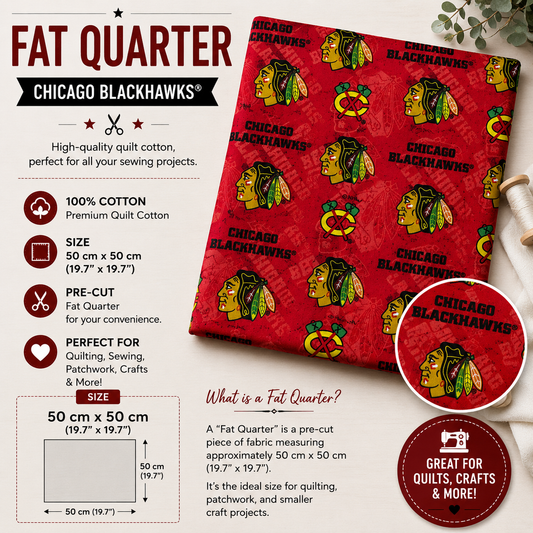 Chicago Blackhawks Fat Quarter made from 100% premium cotton, featuring the Chicago Blackhawks logo and team name on a red background. Pre-cut fabric measuring 50 × 50 cm, perfect for quilting, sewing, patchwork, and crafts.