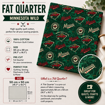 Minnesota Wild Fat Quarter made from 100% premium cotton, featuring the Minnesota Wild logo and team name on a green background. Pre-cut fabric measuring 50 × 50 cm, perfect for quilting, sewing, patchwork, and crafts.