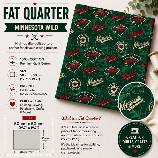 Minnesota Wild Fat Quarter made from 100% premium cotton, featuring the Minnesota Wild logo and team name on a green background. Pre-cut fabric measuring 50 × 50 cm, perfect for quilting, sewing, patchwork, and crafts.