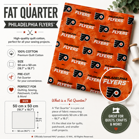 Philadelphia Flyers Fat Quarter quilting cotton fabric, 100% cotton, pre-cut 50 × 50 cm with official NHL team logo