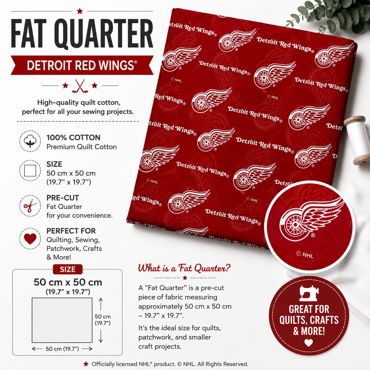 Detroit Red Wings Fat Quarter quilting cotton fabric, 100% cotton, pre-cut 50 × 50 cm with official NHL team logo.