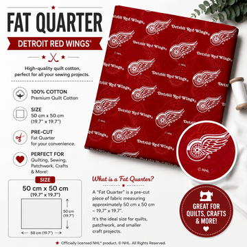 Detroit Red Wings Fat Quarter quilting cotton fabric, 100% cotton, pre-cut 50 × 50 cm with official NHL team logo.