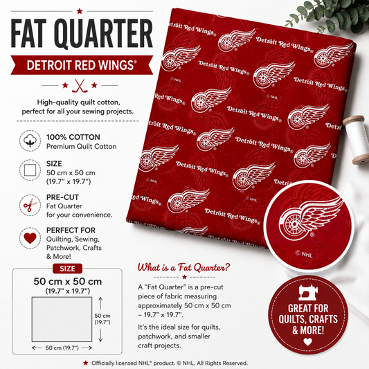 Detroit Red Wings Fat Quarter quilting cotton fabric, 100% cotton, pre-cut 50 × 50 cm with official NHL team logo.