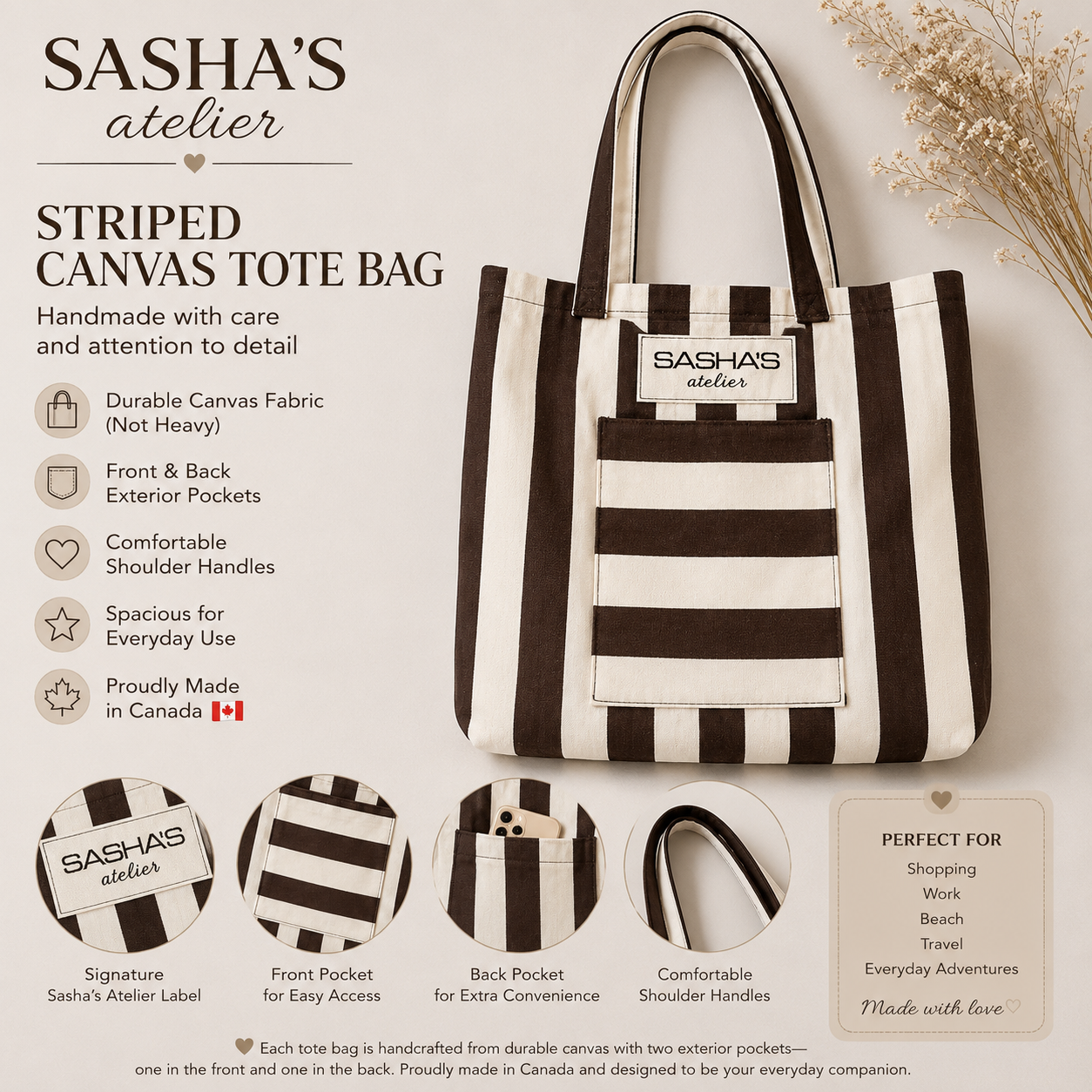Handmade striped canvas tote bag with a large front exterior pocket, comfortable shoulder straps, and Sasha's Atelier label. Durable canvas construction, proudly made in Canada, perfect for shopping, work, travel, and everyday use.
