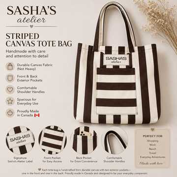 Handmade striped canvas tote bag with a large front exterior pocket, comfortable shoulder straps, and Sasha's Atelier label. Durable canvas construction, proudly made in Canada, perfect for shopping, work, travel, and everyday use.
