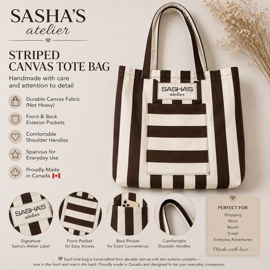 Handmade striped canvas tote bag with a large front exterior pocket, comfortable shoulder straps, and Sasha's Atelier label. Durable canvas construction, proudly made in Canada, perfect for shopping, work, travel, and everyday use.