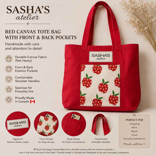 Handmade red canvas tote bag with two exterior pockets (front and back), featuring a white apple-print front pocket, comfortable shoulder straps, and Sasha's Atelier label. Proudly made in Canada, ideal for shopping, work, travel, and everyday use.