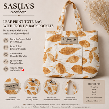 Handmade leaf print canvas tote bag with two exterior pockets (front and back), comfortable shoulder straps, and Sasha's Atelier label. Durable canvas construction, proudly made in Canada, perfect for shopping, work, travel, and everyday use.
