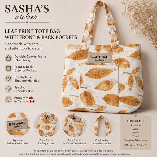 Handmade leaf print canvas tote bag with two exterior pockets (front and back), comfortable shoulder straps, and Sasha's Atelier label. Durable canvas construction, proudly made in Canada, perfect for shopping, work, travel, and everyday use.