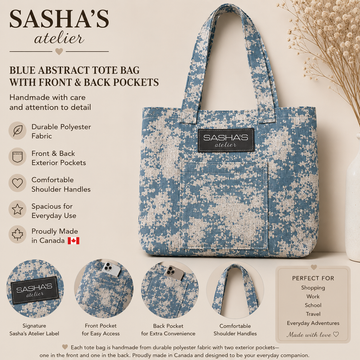 Handmade blue abstract polyester tote bag with two exterior pockets (front and back), comfortable shoulder straps, and Sasha's Atelier label. Lightweight and durable, proudly made in Canada for shopping, work, travel, school, and everyday use.