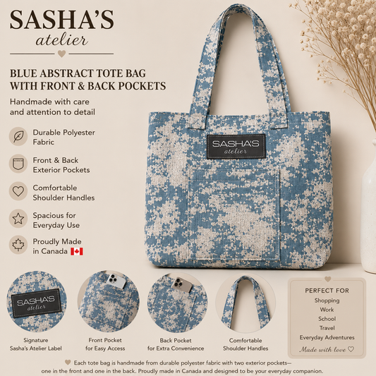 Handmade blue abstract polyester tote bag with two exterior pockets (front and back), comfortable shoulder straps, and Sasha's Atelier label. Lightweight and durable, proudly made in Canada for shopping, work, travel, school, and everyday use.