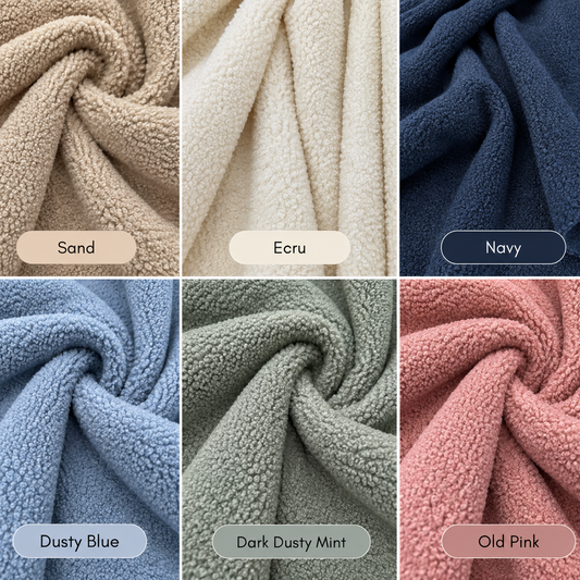 Soft Teddy Fleece fabric in Sand, Ecru, Navy, Dusty Blue, Dark Dusty Mint and Old Pink – 100% polyester cozy fleece fabric.
