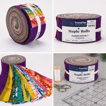 Flower Festival 2 Maple Roll by Benartex featuring 40 coordinated cotton fabric strips in vibrant floral and paisley prints.