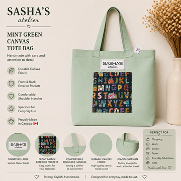 Mint Green Canvas Tote Bag - Handmade in Canada