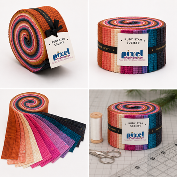 Pixel Jelly Roll by Rashida Coleman-Hale for Ruby Star Society featuring colorful quilting cotton strips in copper, pink, cream, lavender, teal, and charcoal shades with a modern pixel pattern.