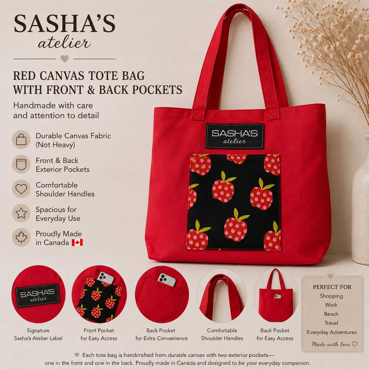 Handmade red canvas tote bag with two exterior pockets (front and back), featuring a decorative apple-print front pocket, comfortable shoulder straps, and Sasha's Atelier label. Proudly made in Canada for shopping, work, travel, and everyday use.
