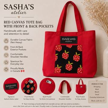 Handmade red canvas tote bag with two exterior pockets (front and back), featuring a decorative apple-print front pocket, comfortable shoulder straps, and Sasha's Atelier label. Proudly made in Canada for shopping, work, travel, and everyday use.