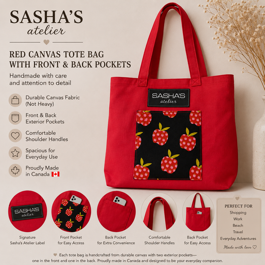 Handmade red canvas tote bag with two exterior pockets (front and back), featuring a decorative apple-print front pocket, comfortable shoulder straps, and Sasha's Atelier label. Proudly made in Canada for shopping, work, travel, and everyday use.