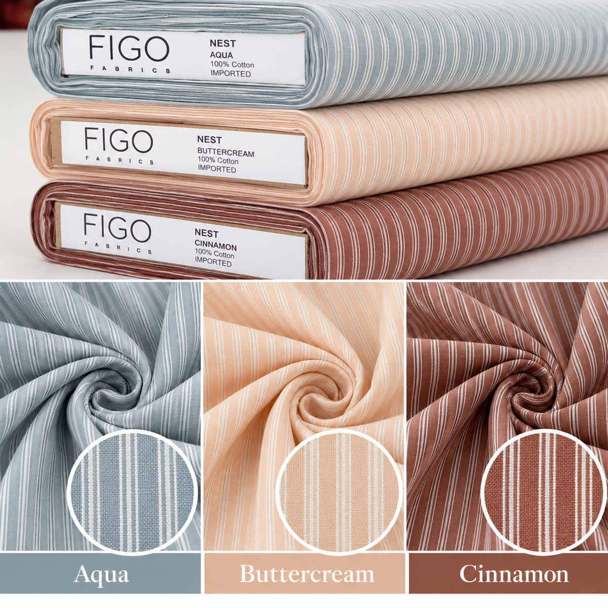 FIGO Fabrics Nest Stripe 100% cotton quilting fabric available in Aqua, Buttercream, and Cinnamon, featuring delicate white stripes.
