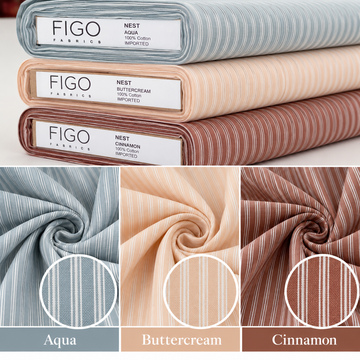 FIGO Fabrics Nest Stripe 100% cotton quilting fabric available in Aqua, Buttercream, and Cinnamon, featuring delicate white stripes.