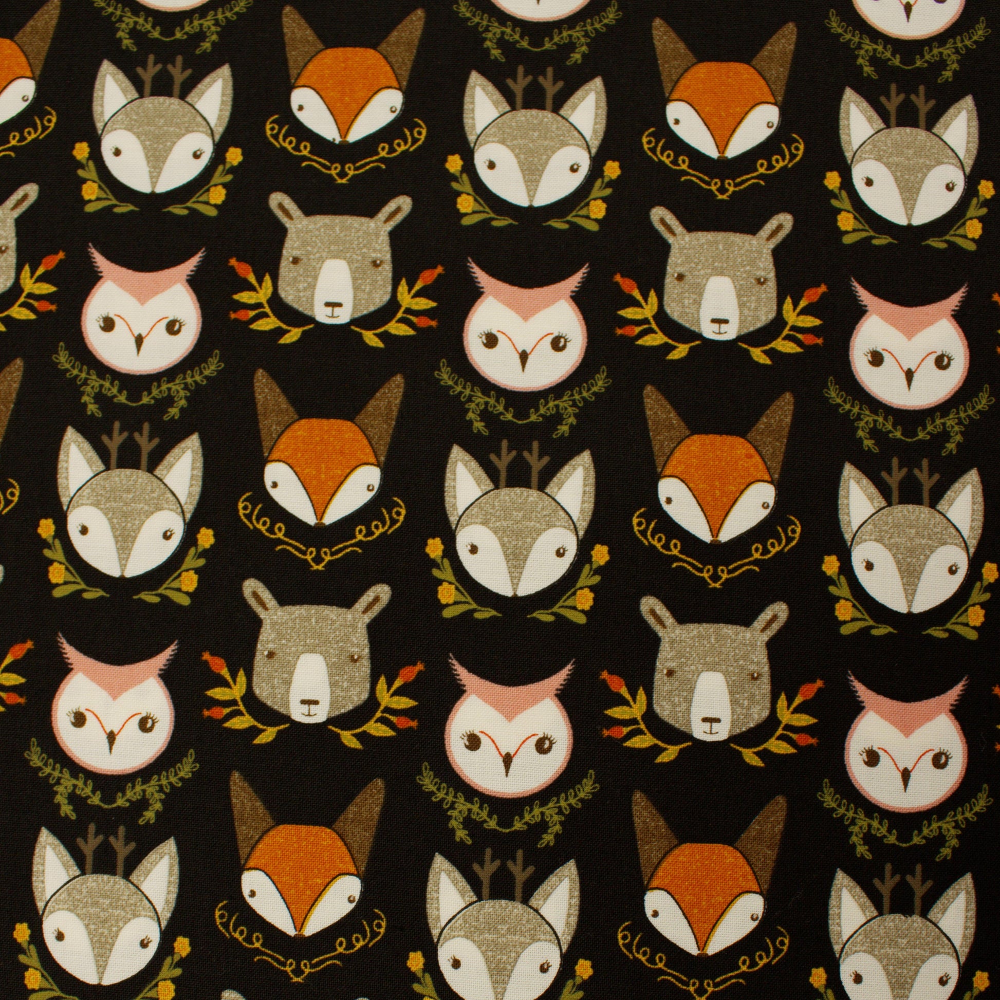Woodland Wonder cotton fabric black with woodland animals by Gingiber for Moda 