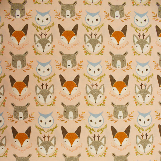 Woodland Wonder cotton fabric blush pink with woodland animals by Gingiber for Moda 