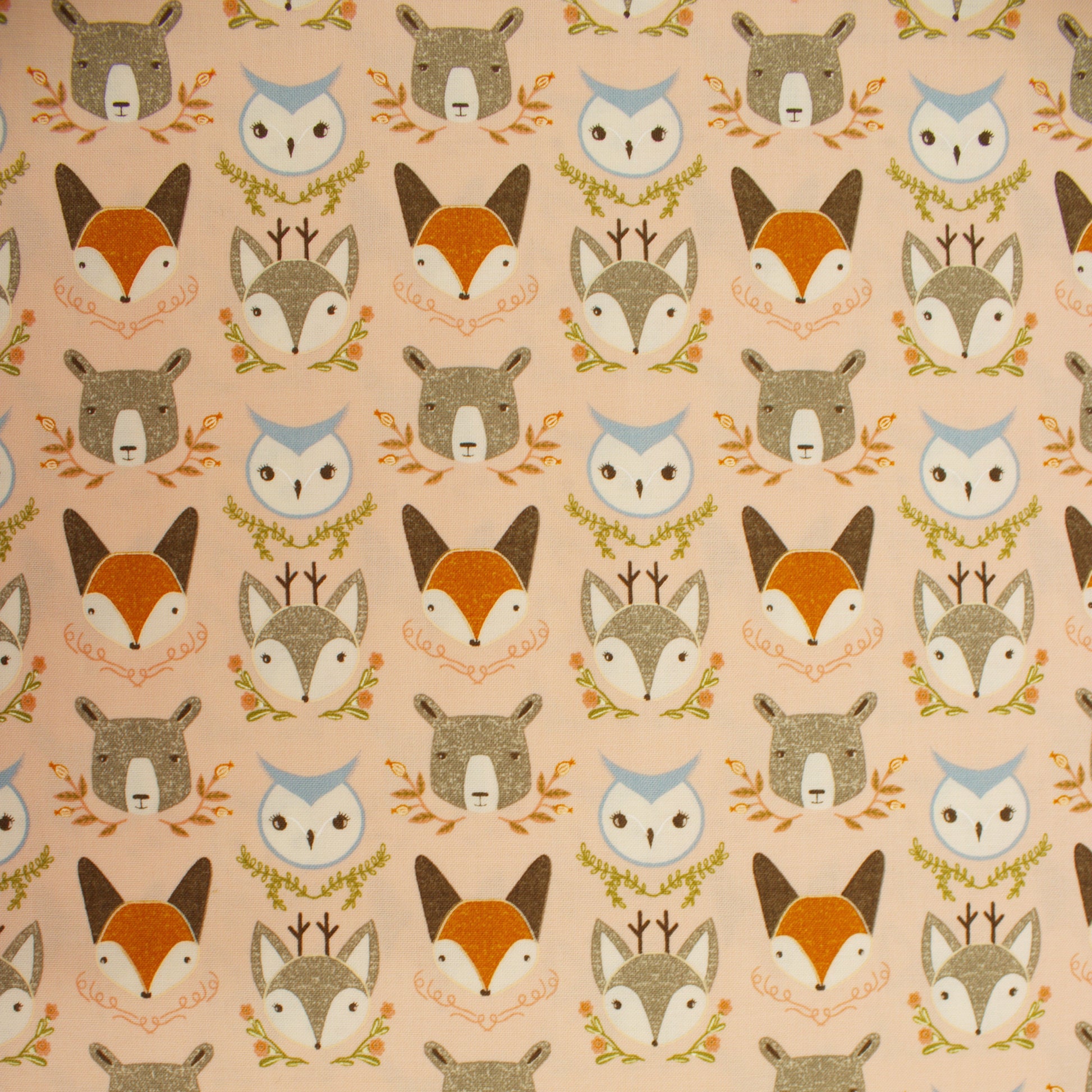 Woodland Wonder cotton fabric blush pink with woodland animals by Gingiber for Moda 