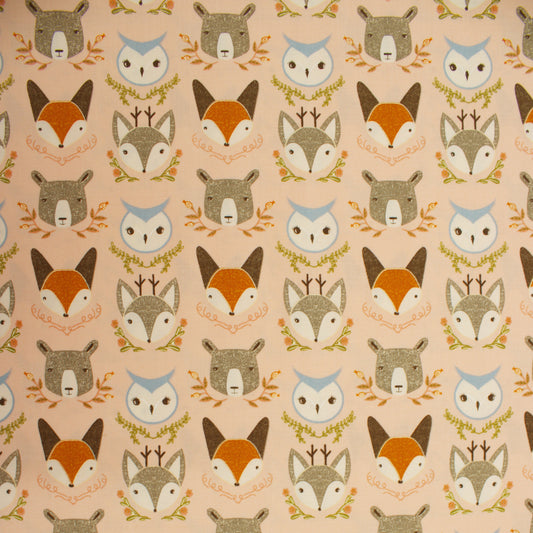 Woodland Wonder cotton fabric blush pink with woodland animals by Gingiber for Moda 