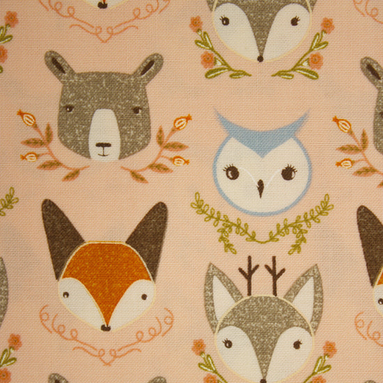 Woodland Wonder cotton fabric blush pink with woodland animals by Gingiber for Moda 