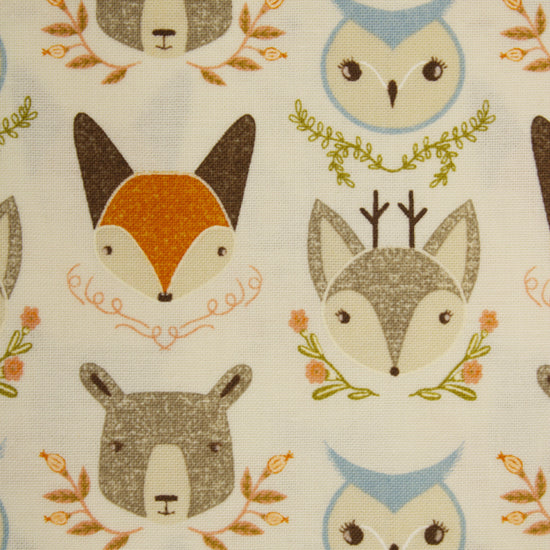 Woodland Wonder cotton fabric cloud cream with woodland animals by Gingiber for Moda 
