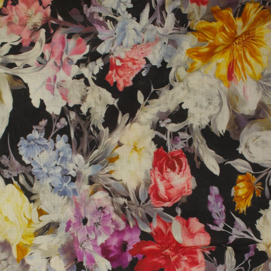Digital printed 100% linen fabric in black with multicolor pattern and natural texture