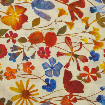 Digital printed 100% linen fabric with red multicolor floral pattern and natural texture