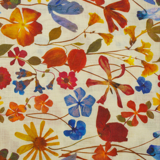 Digital printed 100% linen fabric with red multicolor floral pattern and natural texture