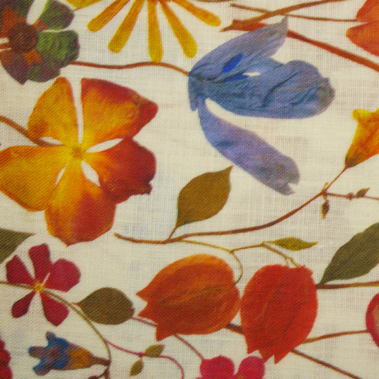 This digital printed linen fabric features a natural woven texture with a breathable, crisp feel and a vibrant floral design.