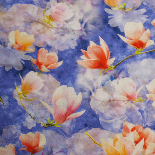 Digital Rivera Slub fabric in blue and coral tones with soft textured surface