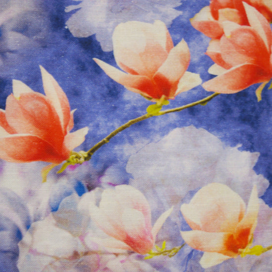 This digital printed slub fabric features a soft, textured surface with a natural, breathable feel.