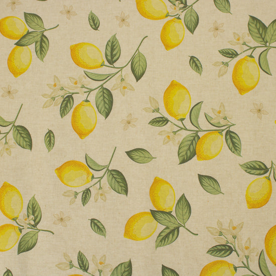 Home decor fabric with lemon print on natural woven background for interior decorative projects 