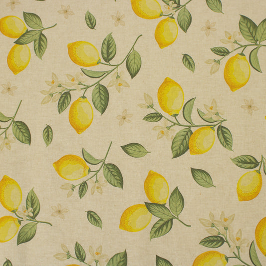 Home decor fabric with lemon print on natural woven background for interior decorative projects 