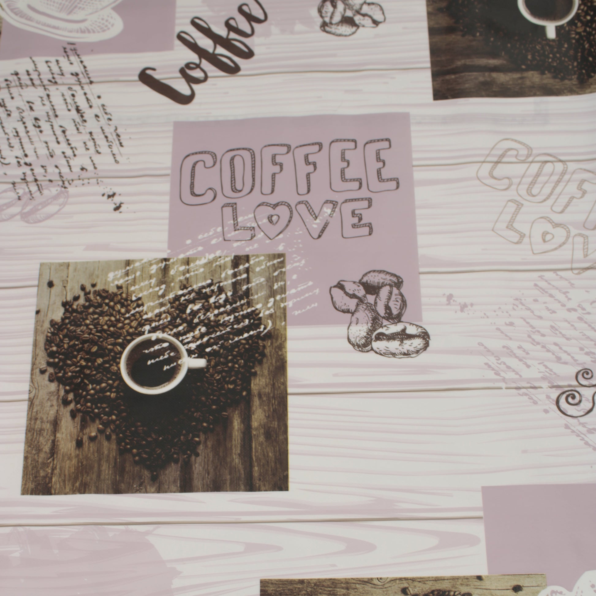 This PVC tablecloth fabric features a decorative coffee-themed print with a practical waterproof surface.
