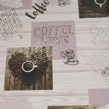 This PVC tablecloth fabric features a decorative coffee-themed print with a practical waterproof surface.
