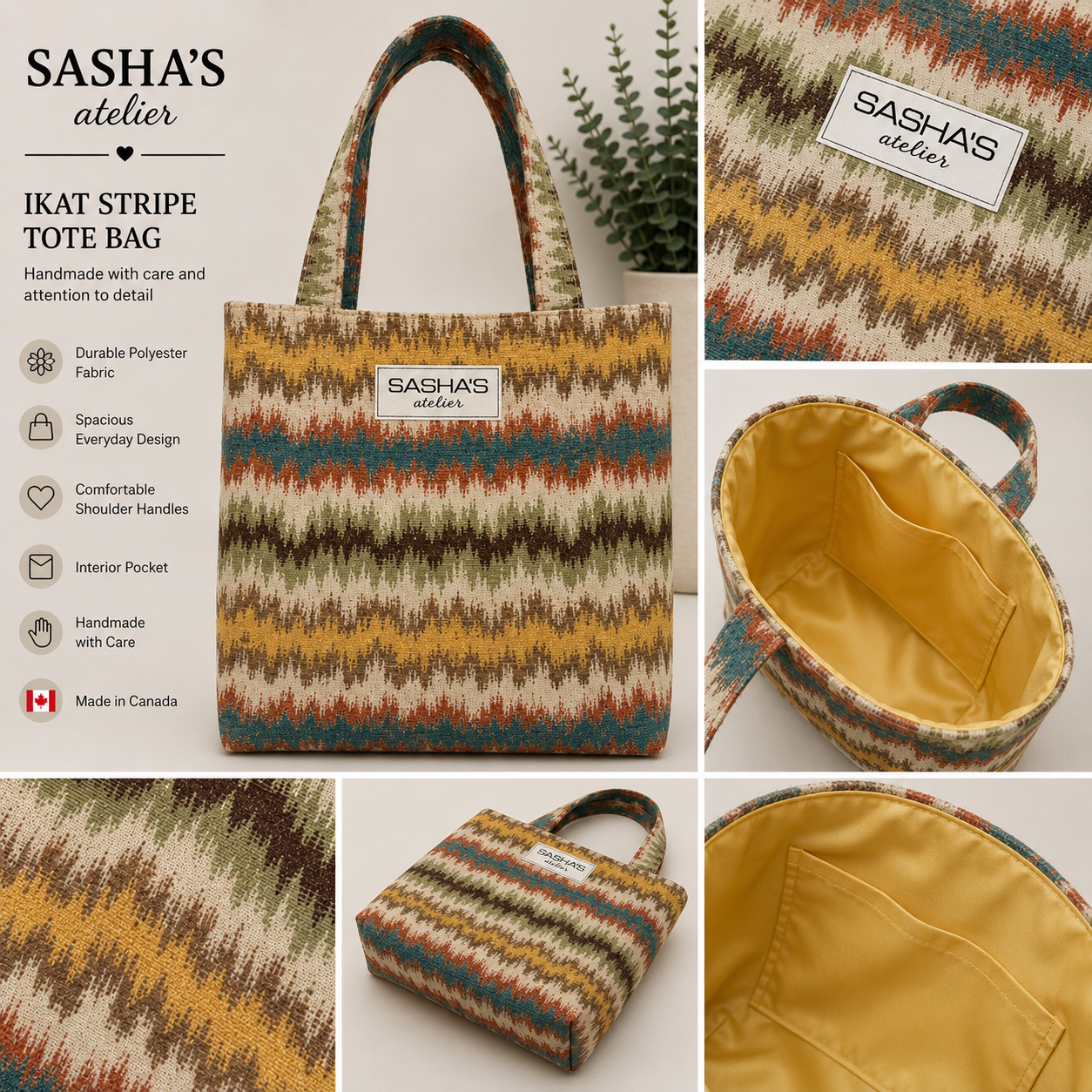 Handmade Sasha’s Atelier polyester tote bag with multicolor woven stripes in teal, rust, mustard, olive, brown and cream, featuring golden-yellow lining and an interior pocket.