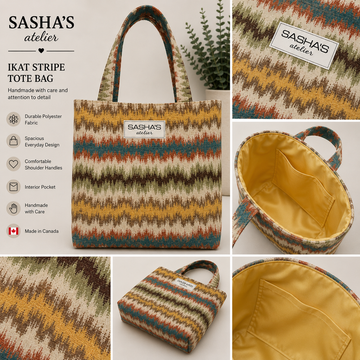 Handmade Sasha’s Atelier polyester tote bag with multicolor woven stripes in teal, rust, mustard, olive, brown and cream, featuring golden-yellow lining and an interior pocket.