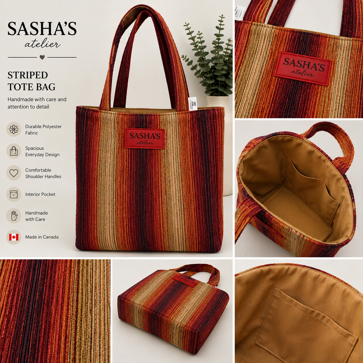 Handmade Sasha’s Atelier polyester tote bag with textured vertical stripes in burgundy, rust, beige and brown.